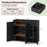 Product dimensions and weight capacity chart for a black wicker-style storage cabinet with doors open, showing cabinet measurements, shelf space, and weight limits on a white background.