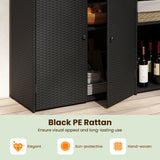 Black PE rattan cabinet shown in a home interior setting with wine bottles and fruit visible inside, plus marketing text at the bottom reading 'Black PE Rattan' and feature icons.