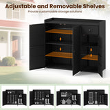 Black outdoor storage cabinet with two open doors and removable shelves, shown with text reading 'Adjustable and Removable Shelves' and small inset images of included utensils and shelf options.