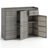 Gray wicker storage cabinet with two doors and a drawer, shown with the doors open to reveal shelves and interior storage compartments, on a white background.