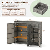Product dimensions diagram for a gray wicker-style outdoor cabinet with doors and shelves, showing measurements for the exterior and interior shelving space, plus weight capacity information.