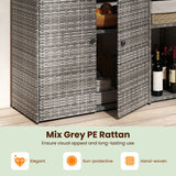Gray woven PE rattan outdoor cabinet with sliding doors, shown partially open with shelves and wine bottles inside. Text at the bottom reads 'Mix Grey PE Rattan' with feature callouts.