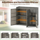 A gray wicker-style storage cabinet with adjustable and removable shelves, shown open in a front-facing view with smaller inset images along the bottom showing different shelf configurations. The background is a faded outdoor house setting.