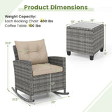 Product dimensions diagram showing a gray wicker outdoor rocking chair with beige cushion and a matching square coffee table, with measurement labels and weight capacity text on a white background.
