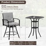 Product dimensions diagram showing a black outdoor bar stool and matching bar table with overlaid measurements, including height, width, and depth, plus weight capacity information at the bottom.