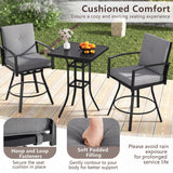 Three-piece outdoor bar-height patio set featuring a square black metal table and two matching swivel barstools with gray cushioned seats and backs, shown on a wooden deck with a garden background. The image includes feature callout panels highlighting the seat fastener, padded filling, and rain resistance.