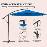 Blue patio umbrella with enhanced structure features on a beige background