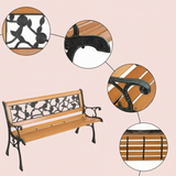Wooden bench with metal armrests and decorative elements on a beige background