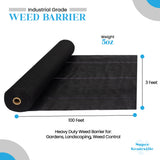 Roll of industrial grade weed barrier with dimensions and weight information on a white background.