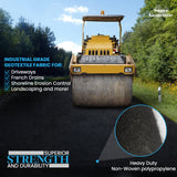 Yellow roller compactor on a road with text about industrial grade geotextile fabric applications.