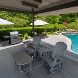 Outdoor patio area with gray chairs, table, and grill by a pool 4 pc Glider Adirondack Chair and Table Set