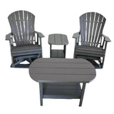 Set of two gray Adirondack chairs with a matching table on a white background