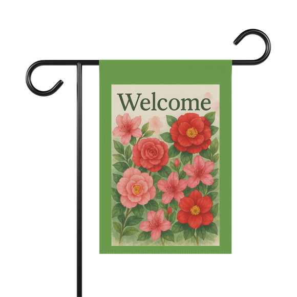 Welcome – Camellia & Azalea Garden Banner, Floral Welcome Flag for Home, Outdoor Decor, Housewarming Gift, Garden Party