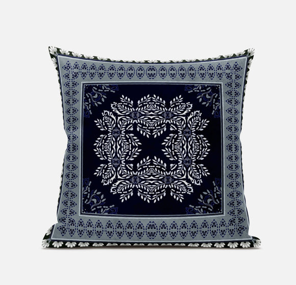 Decorative pillow with a central black and white pattern on a light gray background