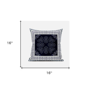 16" X 16" Dark Blue And White Blown Seam Geometric Indoor Outdoor Throw Pillow - FREE SHIPPING