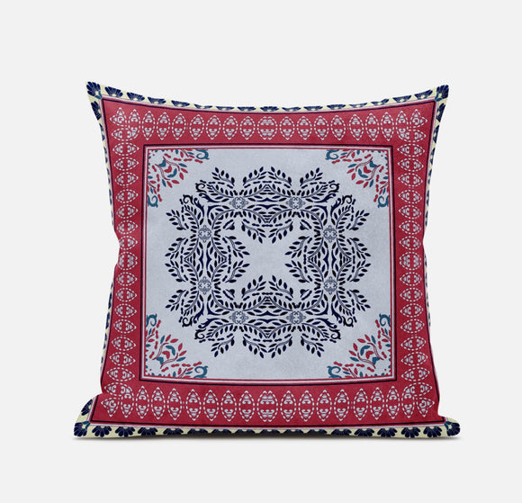 Decorative pillow with a red border and central pattern on a white background