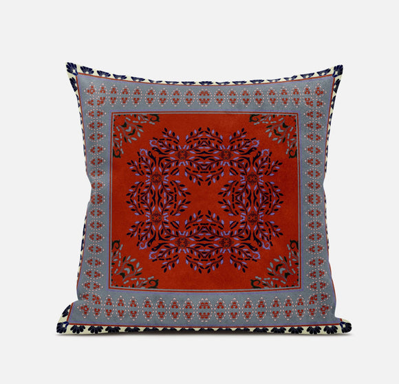 Decorative pillow with a red and gray pattern on a white background