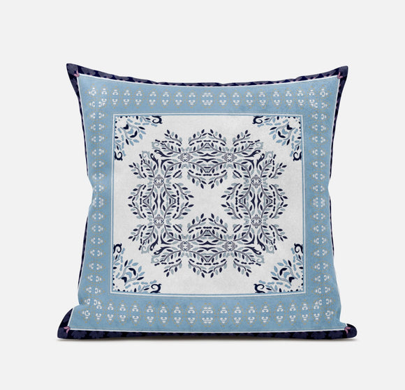 Decorative pillow with a blue border and white center pattern on a light blue background