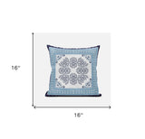 Decorative pillow with a blue border and white pattern, shown with dimensions on a white background.