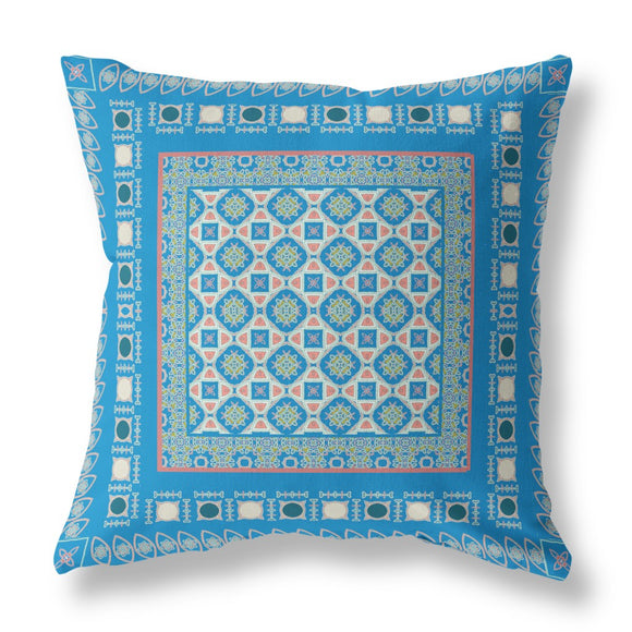 Decorative pillow with blue geometric pattern on a white background