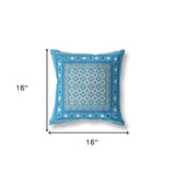 Blue patterned pillow with dimensions on a white background