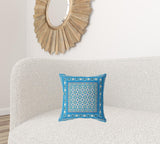 Blue patterned pillow on a white sofa with a decorative mirror in the background