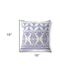 16" X 16" White And Blue Zippered Geometric Indoor Outdoor Throw Pillow - FREE SHIPPING