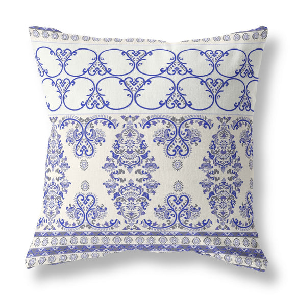 Decorative pillow with blue and white pattern on a white background