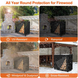 Firewood storage cover with features like UV-resistance, rainproofing, windproofing, dustproofing, and snow-resistance displayed in various weather conditions.