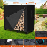 Black firewood storage cover with measurements and features displayed on a garden background