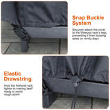 Firewood rack cover with snap buckle system and elastic drawstring for secure attachment.