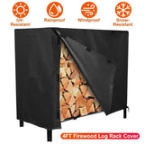 Black firewood log rack cover with firewood inside, featuring UV-resistant, rainproof, windproof, and snow-resistant icons.