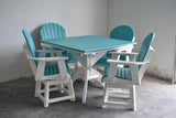 Outdoor furniture set with a blue table and teal chairs against a white wall. 5 pc Table Set - 42" Square Table with 4x Swivel Adirondack Chairs - In Dining, Counter & Bar Height