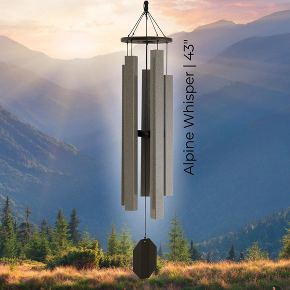 Musical Zenith Series Wind Chimes with 'Alpine Whisper' text against a mountainous landscape
