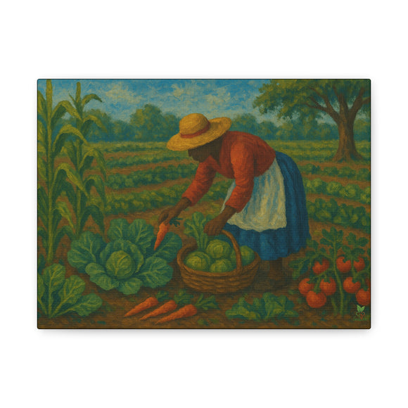 Gullah Geechee Vegetable Garden Folk Art Painting, African American Woman Harvesting