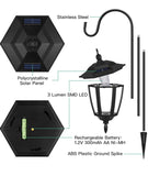 Solar-powered outdoor light fixture with labeled components on a white background