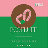 Ecofluff worm bedding packaging with a pink and green design and a cartoon worm.