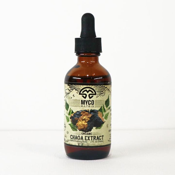 Bottle of Myco Matrix Chaga Extract on a white background