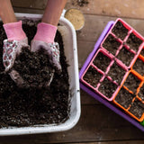 Person planting seeds in soil with a seedling tray on a wooden surface 4 Cell Plug Tray Inserts