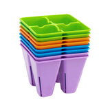 Stack of colorful plastic seedling trays on a white background 4 Cell Plug Tray Inserts