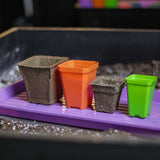 Four small pots in different colors (brown, orange, green) on a purple tray with a blurred background. CowPots® #4 Square