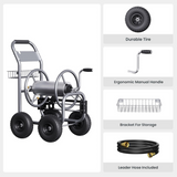 Garden hose reel cart with features highlighted on a white background