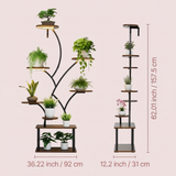 Multi-tiered plant stand with plants and dimensions on a light pink background