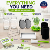 Zesti Greens starter pack labeled 'Everything You Need' showing all 12 included items arranged on a light wood surface: two clear 32 oz wide mouth glass jars, two screen sprout lids, a green onion regrower lid with green sprouts, two black sleeves, a stainless steel stand, a drip tray, a cleaning brush, and a packet. Text callouts identify each item, with a USA Support badge in the top right.