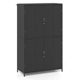 Black wicker storage cabinet with two doors on a white background