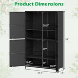 Black storage cabinet with dimensions labeled on a light floral background