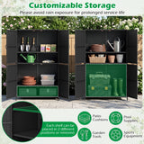 Outdoor storage unit with customizable shelves in a garden setting