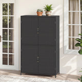 Black wicker storage cabinet with two doors and two small windows on a light-colored floor.