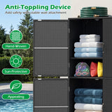 Outdoor storage cabinet with towels and pool equipment, featuring anti-toppling device and hand-woven design.