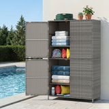 Outdoor storage cabinet with towels and pool supplies by a pool